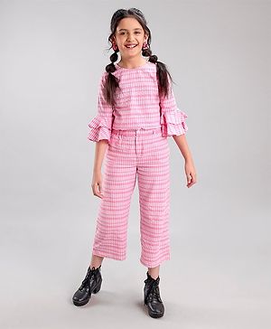 Pine Kids Cotton Three Fourth Bell Sleeves Woven Top With Pajama Set- Pink