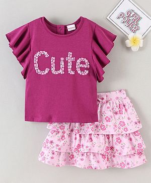 Babyhug Half Sleeves Top and Skirt Floral Embroidery - Purple
