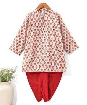 Babyhug Full Sleeves Brocade Kurta & Dhoti Set Floral Print - Cream Orange