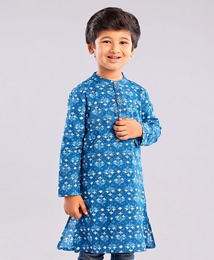 Babyhug Cotton Woven Full Sleeves Floral Printed Kurta - Indigo