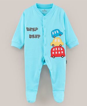 Child World Cotton Knit Full Sleeves Text Printed Sleepsuit -Blue