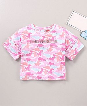 Babyhug Three Fourth Sleeves Drop Shoulder T-Shirt With Dinosaur Print and Frill Detailing - Pink