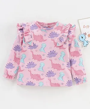 Babyhug Full Sleeves Cotton Top with Dino Print and Frill Detailing - Pink