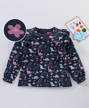 Babyhug Full Sleeves Top With Frill Detailing & Dino Print - Navy Blue