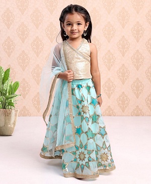 Babyhug Sleeveless Embroidered Choli Lehenga And Dupatta - Aqua