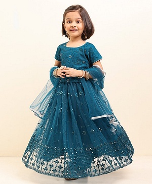 Babyhug Half Sleeves Embroidered Choli Lehenga And Dupatta - Teal