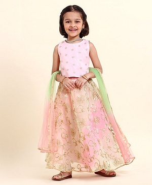 Babyhug Sleeveless Embroidered Choli Lehenga And Dupatta - Pink