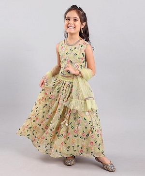 Babyhug Sleeveless Embroidered Choli Lehenga And Dupatta - Sunny Lime