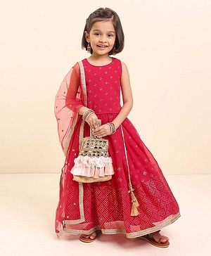 Babyhug Sleeveless Embellished Choli & Lehenga Set With Dupatta - Rasberry