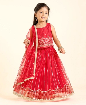 Babyhug Sleeveless Sequinned Choli & Lehenga With Dupatta Floral Embroidery - Red