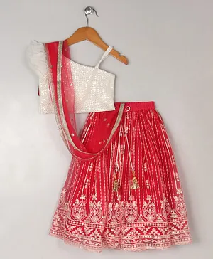 Babyhug Sleeveless Sequinned Choli & Embroidered Lehenga With Net Dupatta - Dark Pink