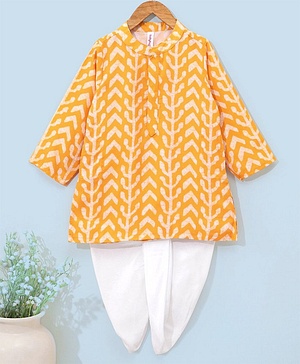 Babyhug Full Sleeves Cotton Kurta & Dhoti Set Printed- Yellow