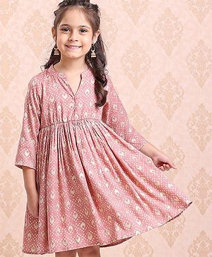 Babyhug Full Sleeves Printed Ethnic Dress - Peach