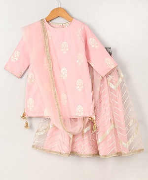 Babyhug Three Fourth Sleeves Embroidered Kurti Palazzo & Dupatta Set with Sequins - Pink