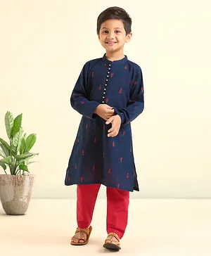 Babyhug Handloom Full Sleeves Kurta and Pyjama Set Ethnic Print - Navy
