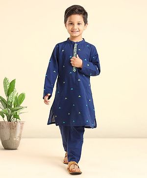 Babyhug Full Sleeves Kurta and Pyjama Set Pyramid Print - Navy