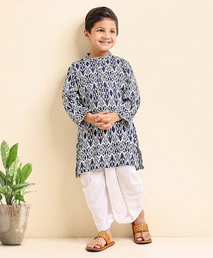 Babyhug Full Sleeve Boys Ikkat Weave Kurta With Dobby Dhoti- Navy Blue