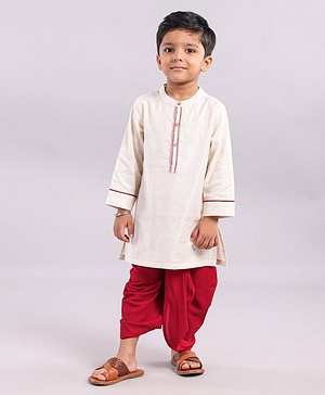 Babyhug Full Sleeves Woven Kurta & Dhoti Set Printed- Beige Maroon