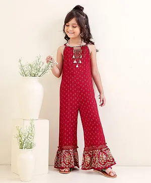 Babyhug Sleeveless Ethnic Jumpsuit Floral Embroidery & Print- Red