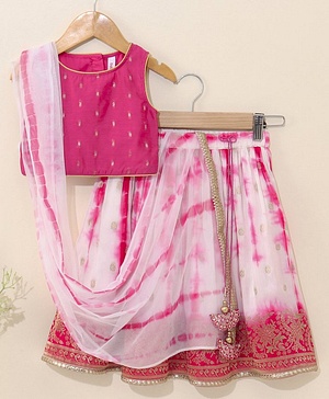 Babyhug Sleeveless Choli & Tie Dye Lehenga With Dupatta Zari Detailing - Fuchsia White