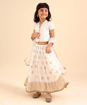 Babyhug Short Sleeves Choli Lehenga With Dupatta Floral Print - Off White