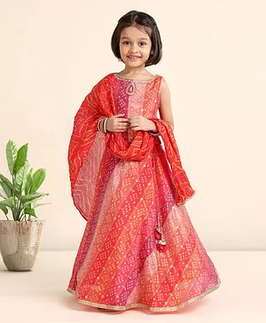 Babyhug Sleeveless Bandhani Choli & Lehenga With Dupatta Zari Detailing - Red Pink