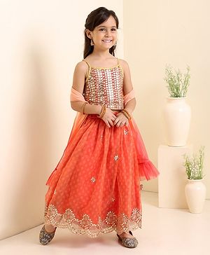 Babyhug Singlet Choli & Lehenga & Dupatta Mirror Detailing - Orange