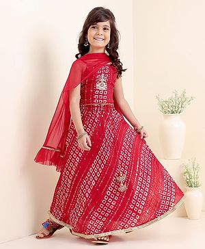 Babyhug Girls Singlet Bandhani Print Choli with Lehenga and Dupatta with Sequence All Over Sequence Detailing- Red