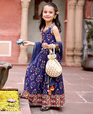 Babyhug Sleeveless Choli & Lehenga Set with Dupatta Floral Print & Sequin Embroidered Border Designs - Blue
