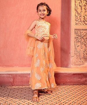 Babyhug Sleeveless Choli & Lehenga Set with Dupatta Zari Work & Golden Border Embroidered- Coral