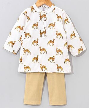 Babyhug Cotton Woven Full Sleeves Kurta & Pyjama Set Camel Print - Off White
