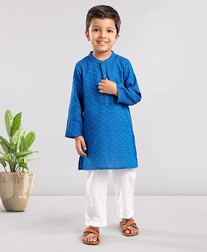 Babyhug Dobby Embroidered Kurta With Pyjama Set- Blue