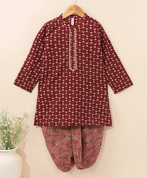 Babyhug Cotton Woven Full Sleeves Ethnic Printed Kurta & Dhoti Set - Maroon