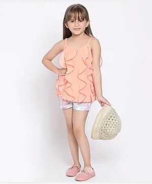 Nauti Nati Sleeveless Ruffle Detail Top & Floral Printed Shorts Set - Peach