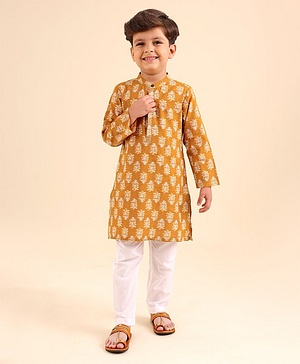 Babyhug Full Sleeves Kurta Pyjama Set Floral Print - Orange