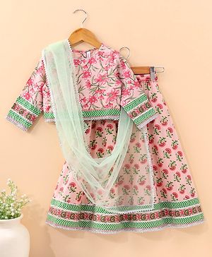 Babyhug Three Fourth Sleeves Choli & Lehenga With Dupatta Floral Print- Pink