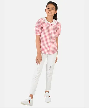 Natilene Half Puffed Sleeves Embroidered Gingham Chequered Shirt Style Top - Pink