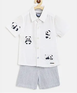 Nauti Nati Half Sleeves Panda Printed Shirt & Striped Shorts Set - White