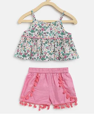 Nauti Nati Sleeveless Floral Printed Top & Pom Pom Lace Detailing Shorts Set - Green & Pink