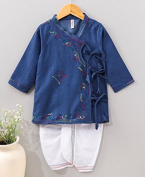 Babyhug Cotton Full Sleeves Kurta and Dhoti Set with Embroidery Solid Colour - Denim Blue