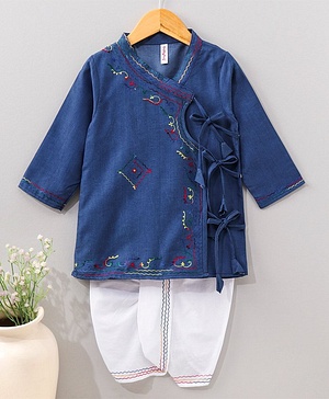 Babyhug Cotton Full Sleeves Kurta and Dhoti Set with Embroidery Solid Colour - Denim Blue