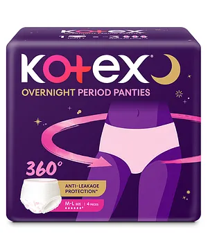 Kotex Overnight Period Panties for Heavy Flow Period Protection Medium & Large Pack of 4 - White