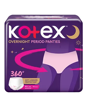 Kotex Overnight Period Panties for Heavy Flow Period Protection Medium & Large Pack of 10 - White