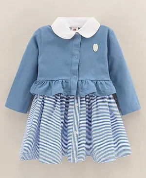 ToffyHouse Short Sleeves Striped Frock With Full Sleeves Shrug - Blue