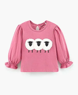 Bonfino Cotton Knit Full Sleeve Top With Fleece Embroidery & Bellow Sleeve - Pink