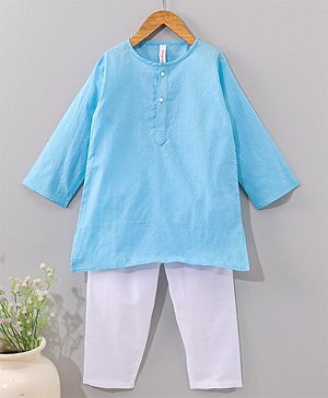Babyhug Cotton Full Sleeves Kurta Pyjama Set Dobby Embroidered - Light Blue