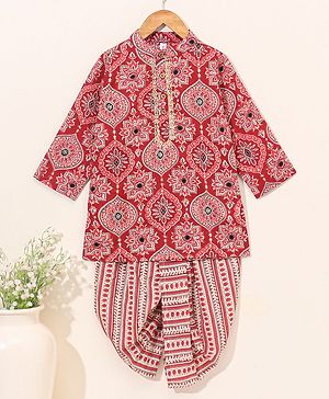 Babyhug Full Sleeves All Over Printed Kurta & Dhoti Set - Red