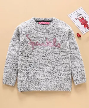 Wingsfield Full Sleeves Sequinned Sparkle Text Patch Textured Pullover Sweater - Grey
