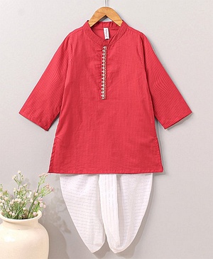 Babyhug Full Sleeves Cotton Kurta & Lurex Dhoti Set Stripes Print- Red