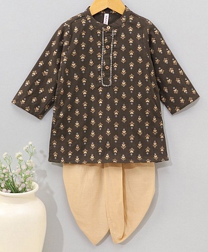 Babyhug Full Sleeves Floral Printed Kurta & Dhoti Set - Charcoal